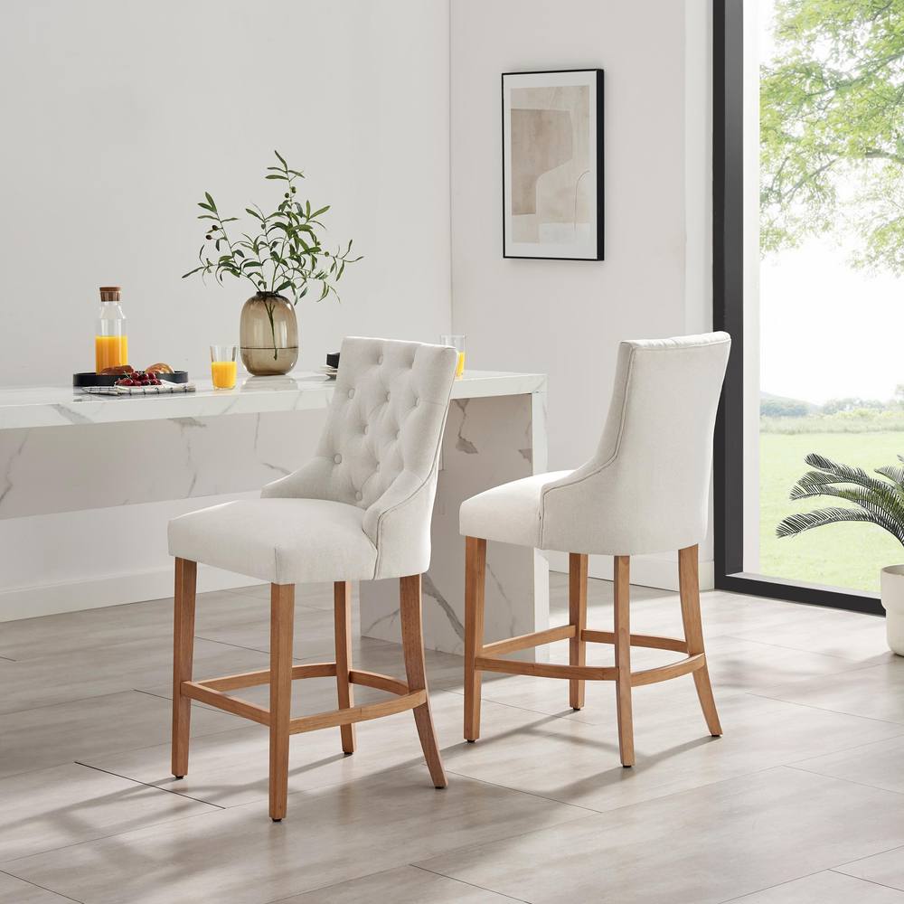 FurnitureboxUK 2x Belgravia Beige Fabric Bar Chairs Oak Effect Legs
