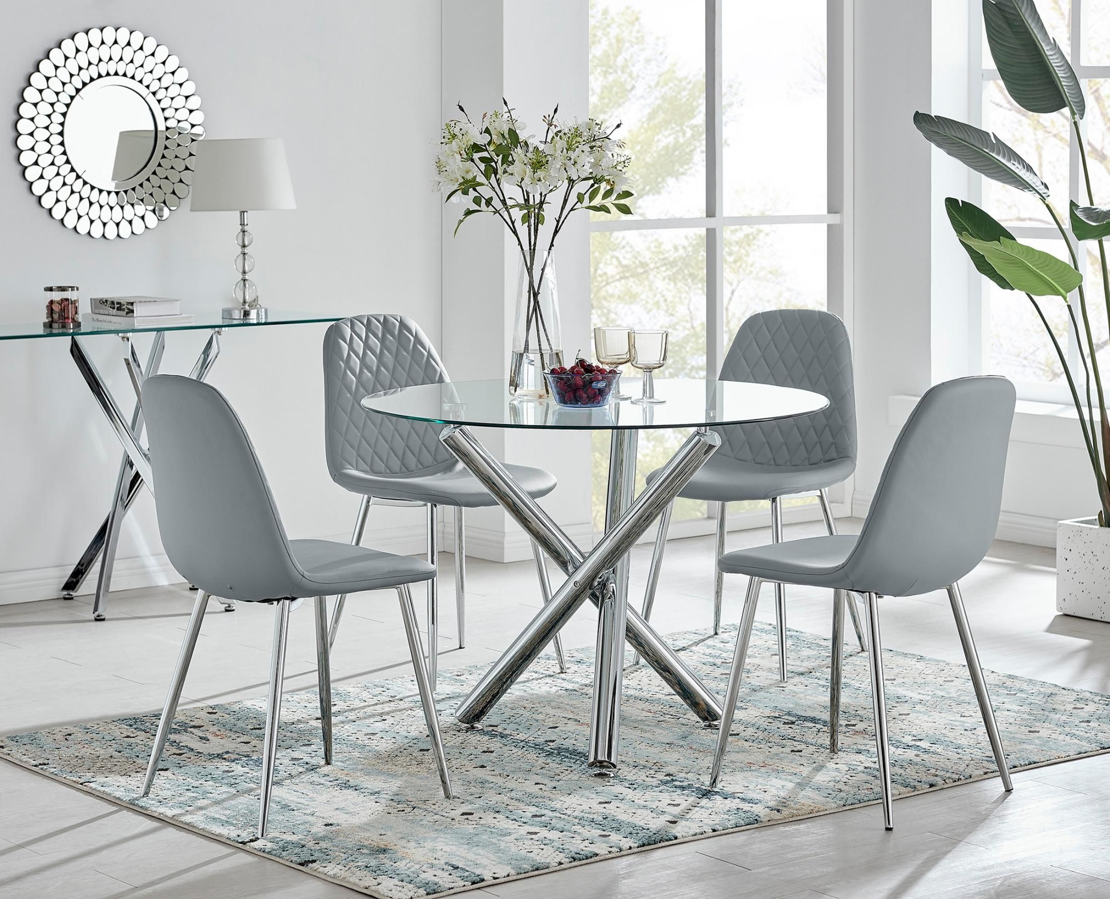 FurnitureboxUK Selina Round Glass Chrome Leg Dining Table & Corona Silver Leg Chairs in Grey