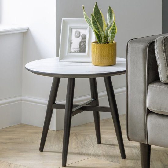 Firenze Circular Marble Effect Lamp Table With Black Legs