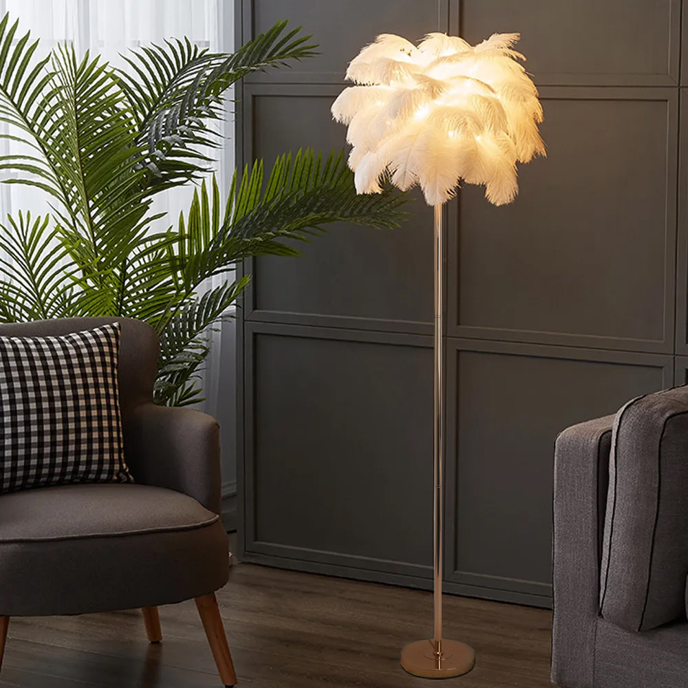 Loftus Art Deco Tree Floor Lamp with White Feather Shade Rose Gold Finish