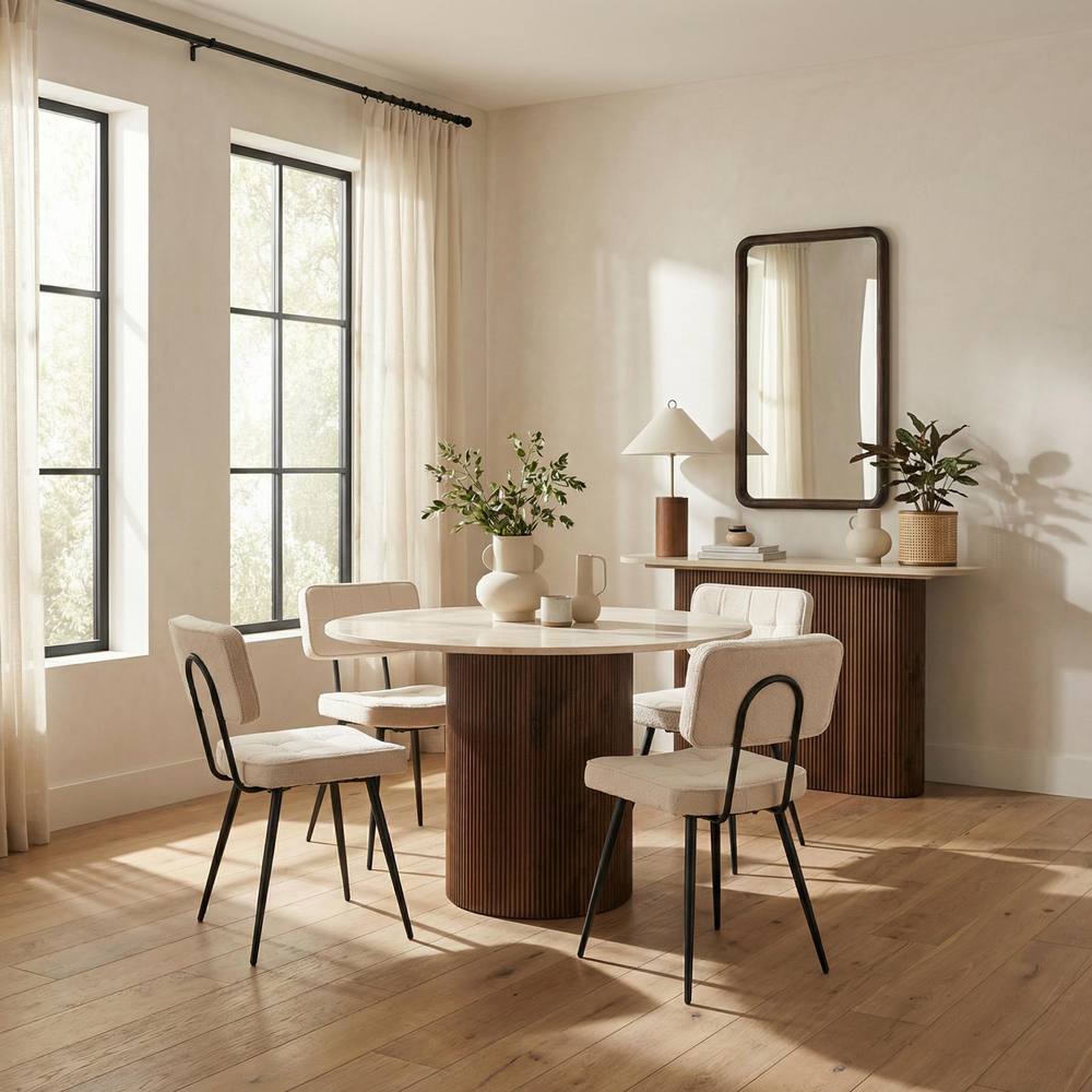 FurnitureboxUK Penrose Marble & Walnut Effect Dining Table with 4 Cream Boucle Chairs