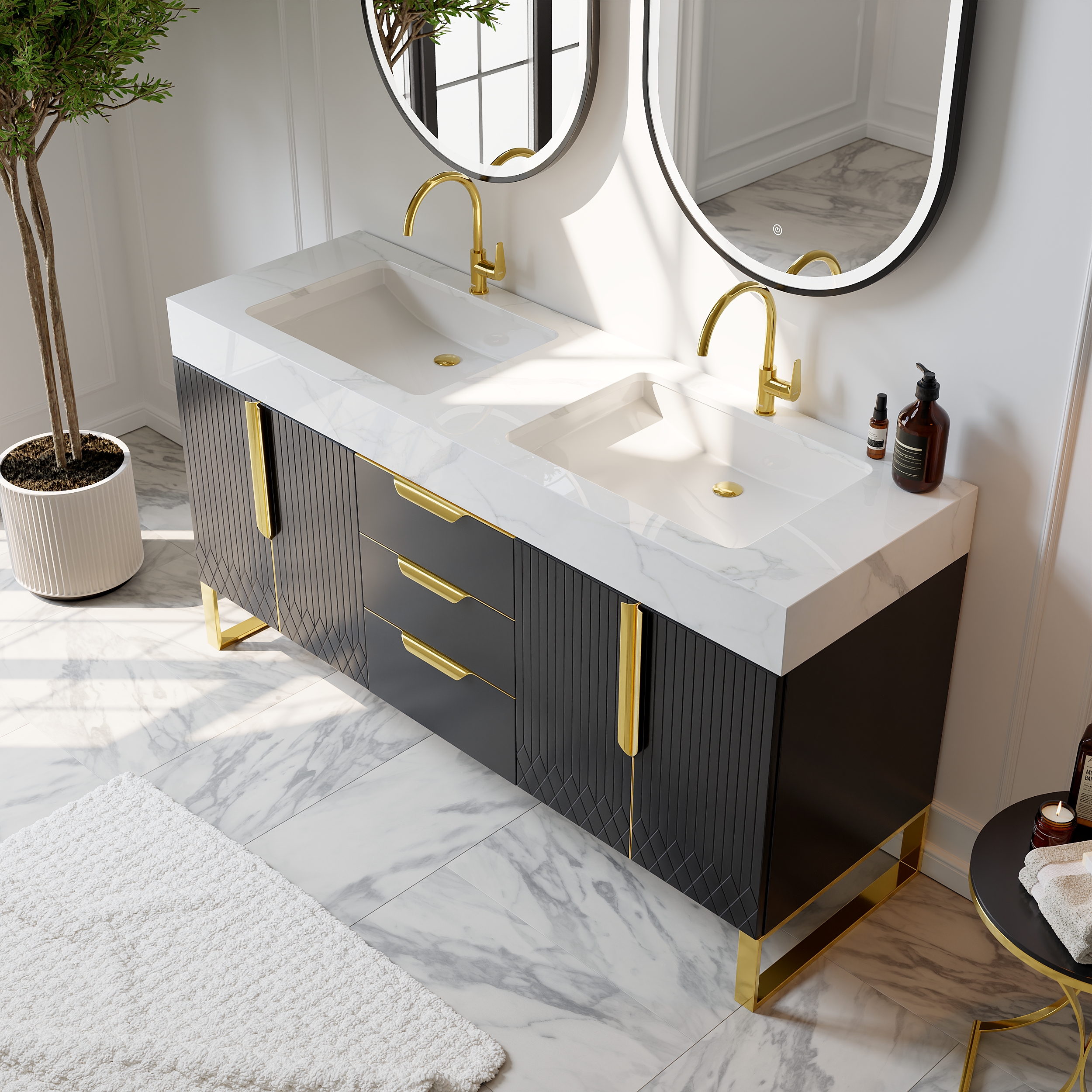 Aro 1500mm Black Double Basin Freestanding Bathroom Vanity Drawers Faux Marble Top