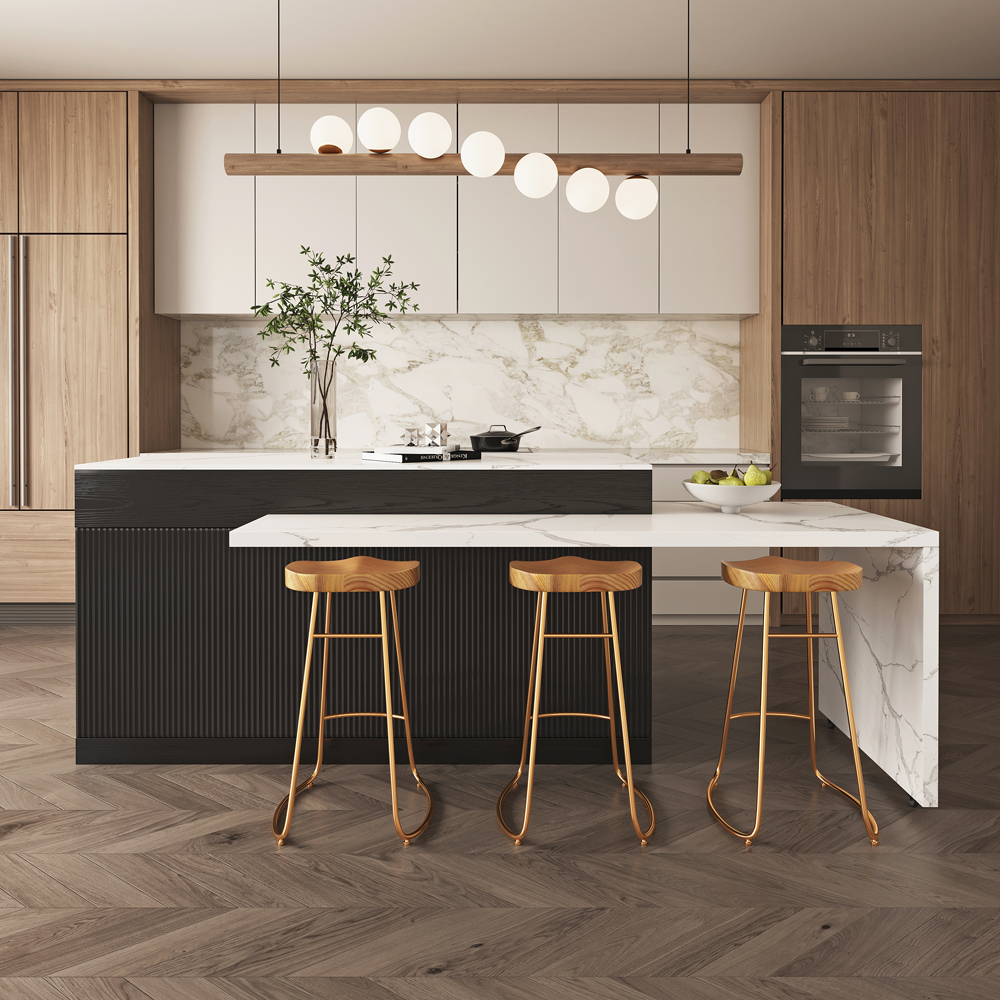 205 - 270 cm Extendable Black Kitchen lsland with Doors&Drawers Marble Pattern Top