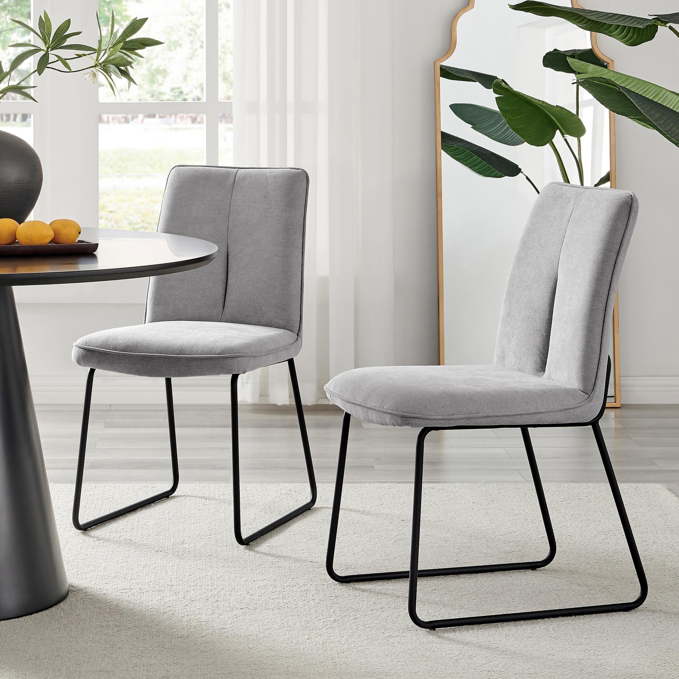 FurnitureboxUK Set of 2 Modern Chic Deep Padded Soft & Durable Stitched Fabric & Black Powder Coated Metal Leg Dining Chairs in Light Grey