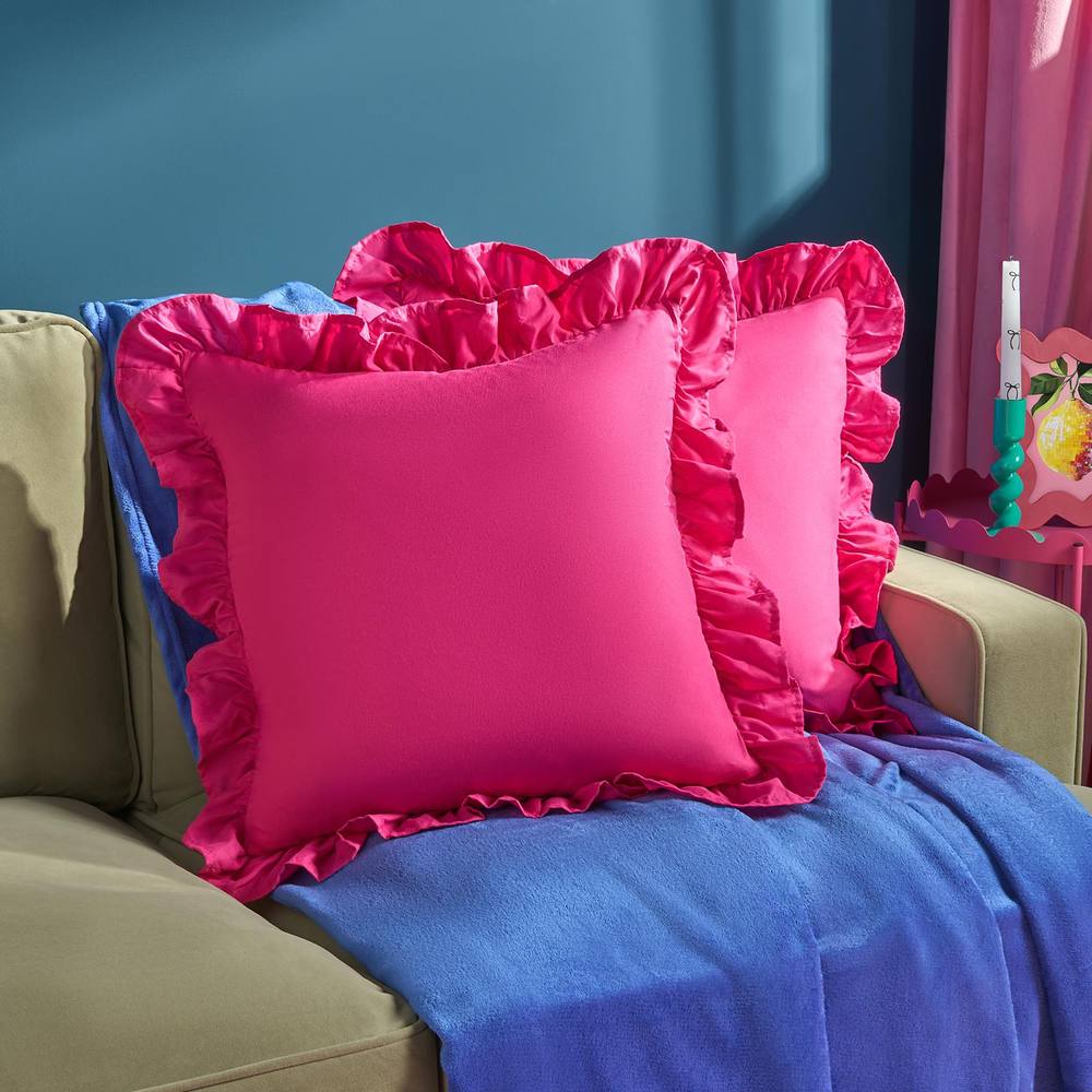 OHS 2 x Plain Faux Linen Frill Cushion Covers in Bright Pink