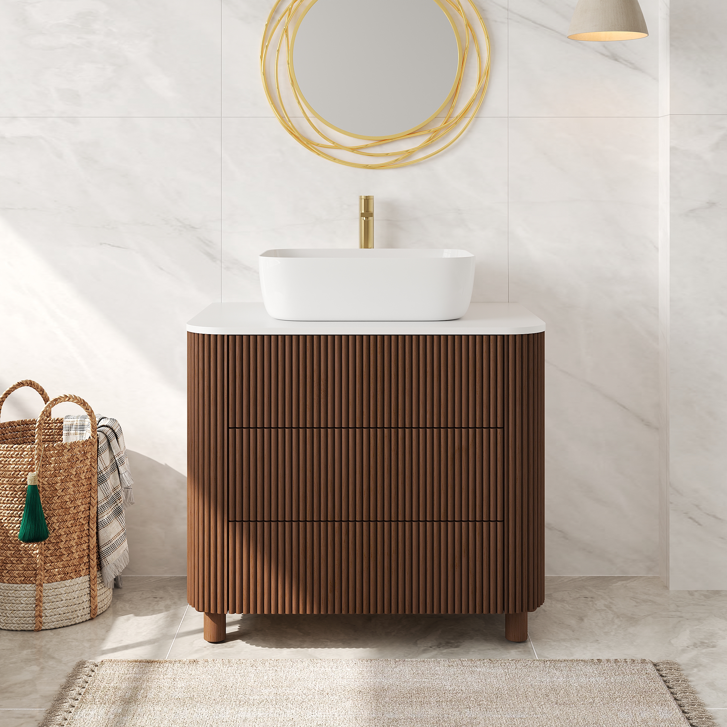 80cm  Fluted Freestanding Bathroom Vanity with Vessel Sink, 3-Drawers, Sintered Stone top