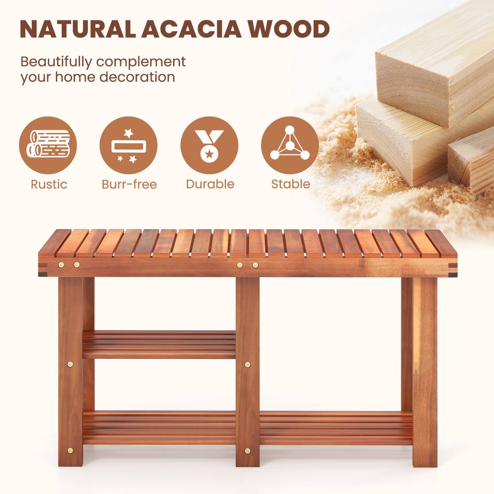 Costway Acacia Wood Shoe Rack Bench 3-Tier Shoe Organizer 87x28x45cm in Brown 4