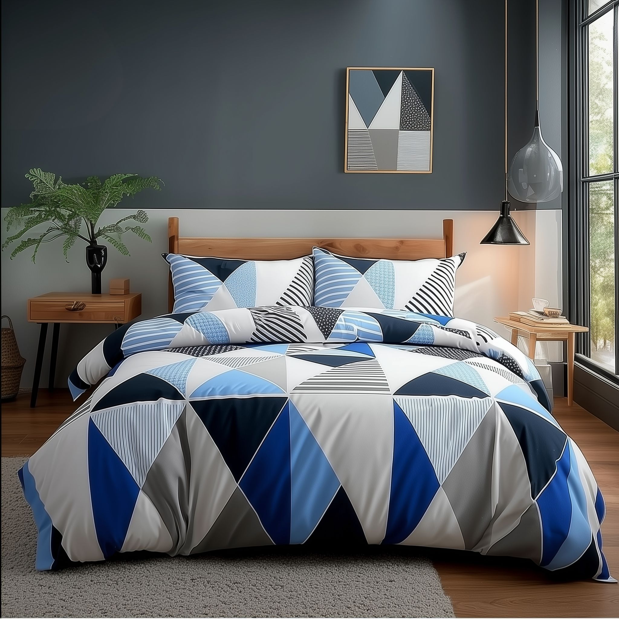 Snug City Duvet Cover & Pillowcase Set Multi Colour Triangle Design Polycotton Bed Linen in White