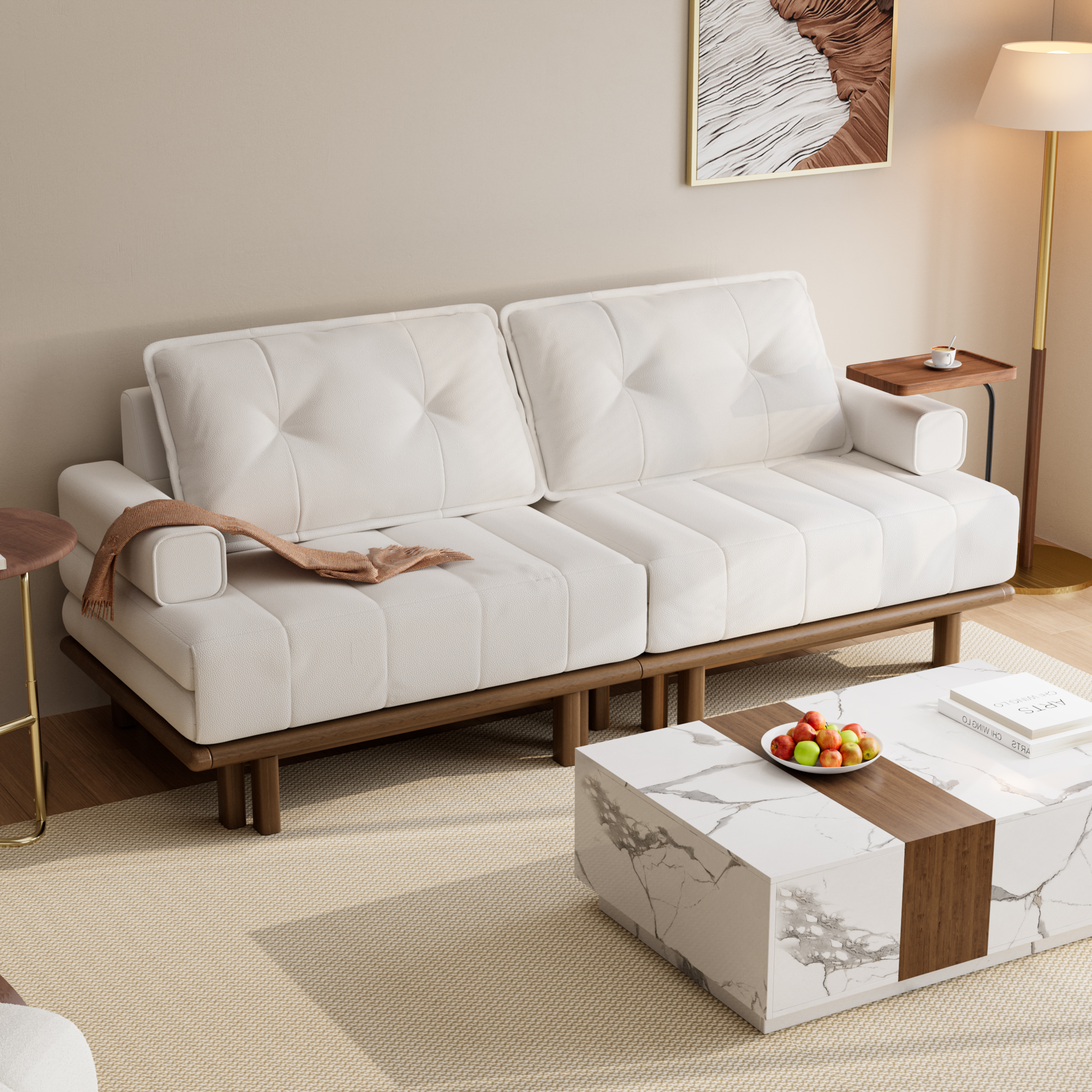 Queen 3-Seater Leather Sofa Bed 79" Convertible Futon Bed with Side Table