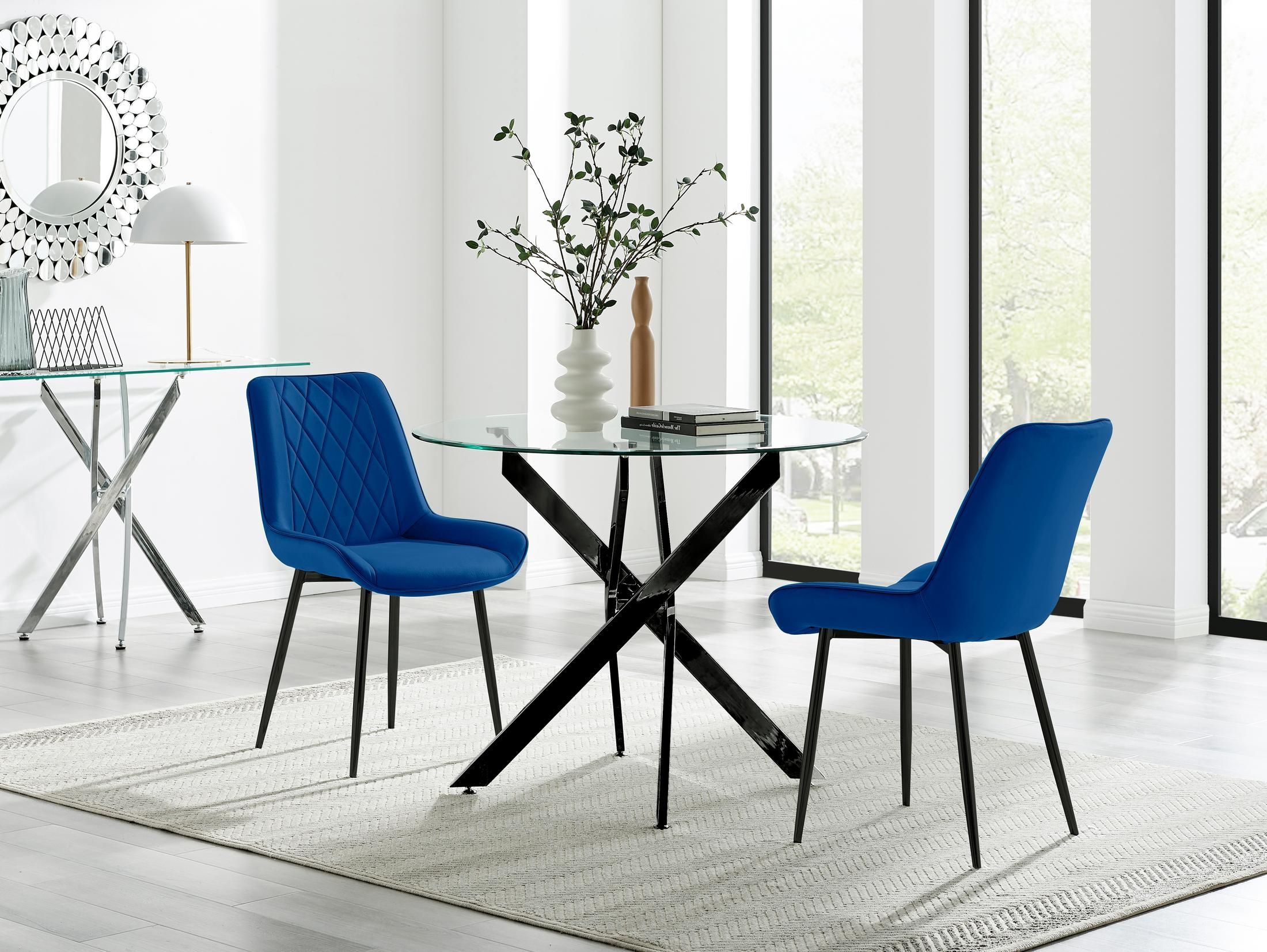 FurnitureboxUK Novara 100cm Round Black Leg Dining Table & 2 Pesaro Black Leg Chairs in Navy