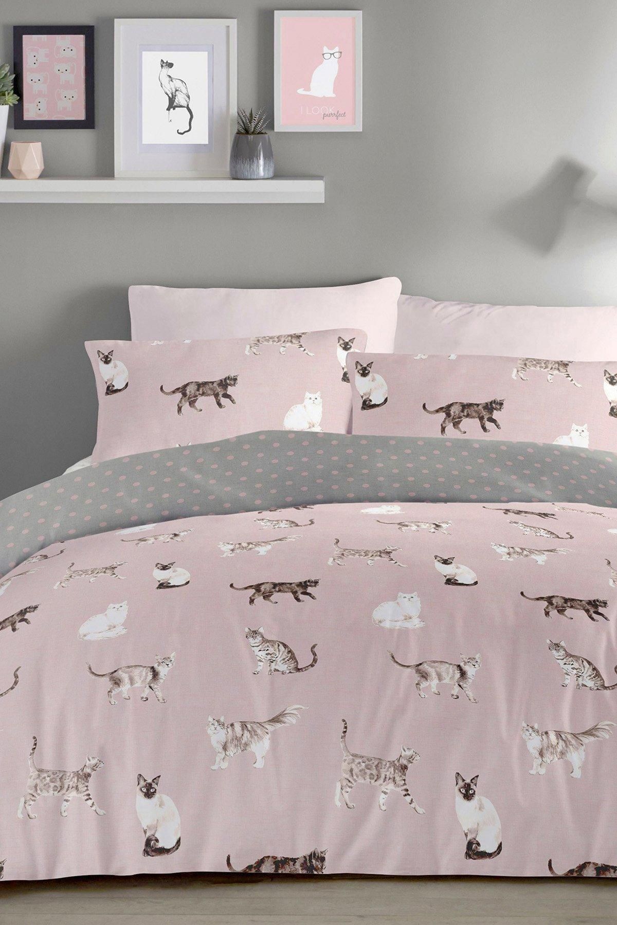 Fusion 'Cats' Luscious Hand Drawn Cat Print Duvet Cover Set in Rose