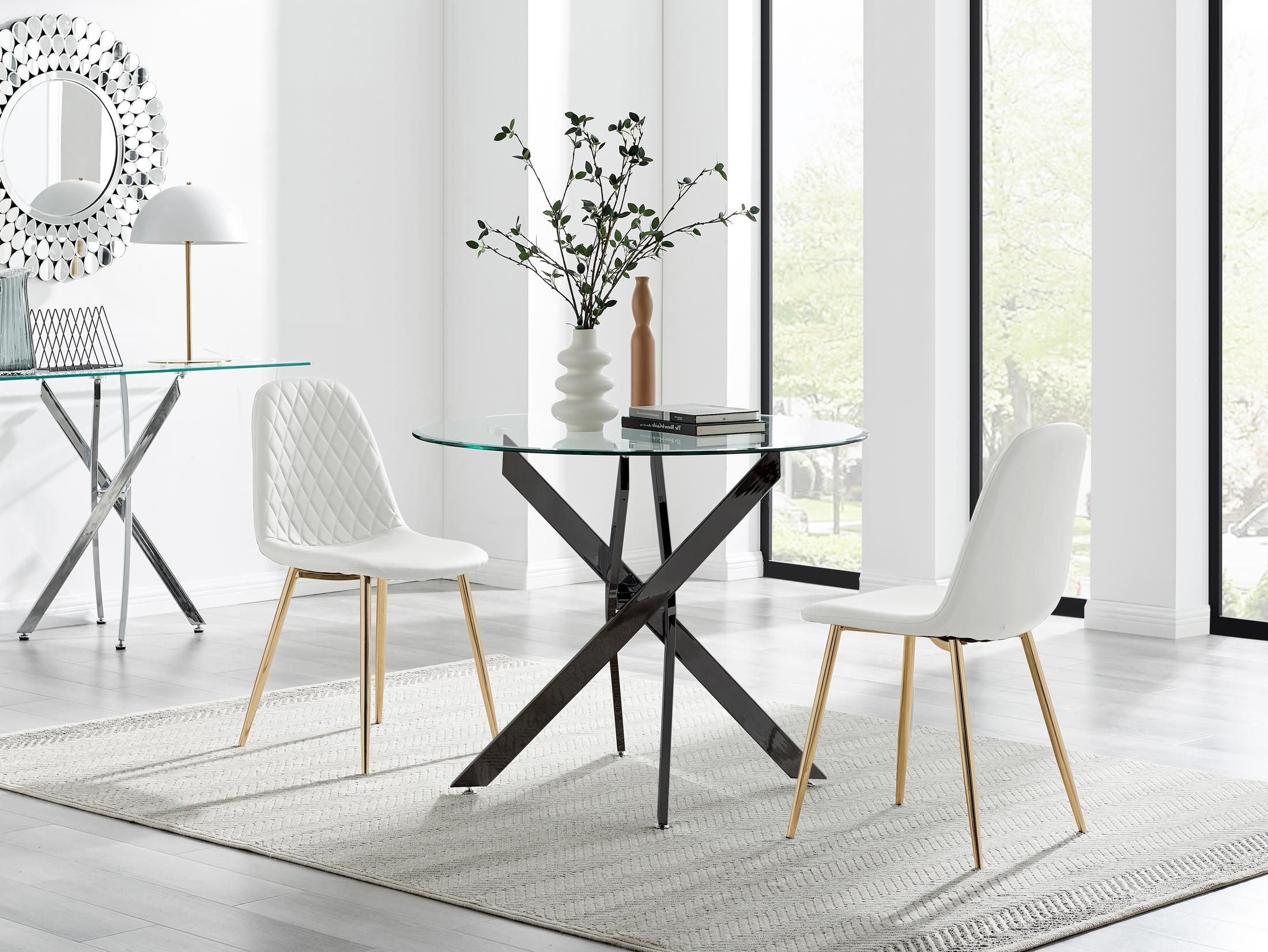 FurnitureboxUK Novara 100cm Round Black Leg Dining Table & 2 Corona Gold Chairs in White