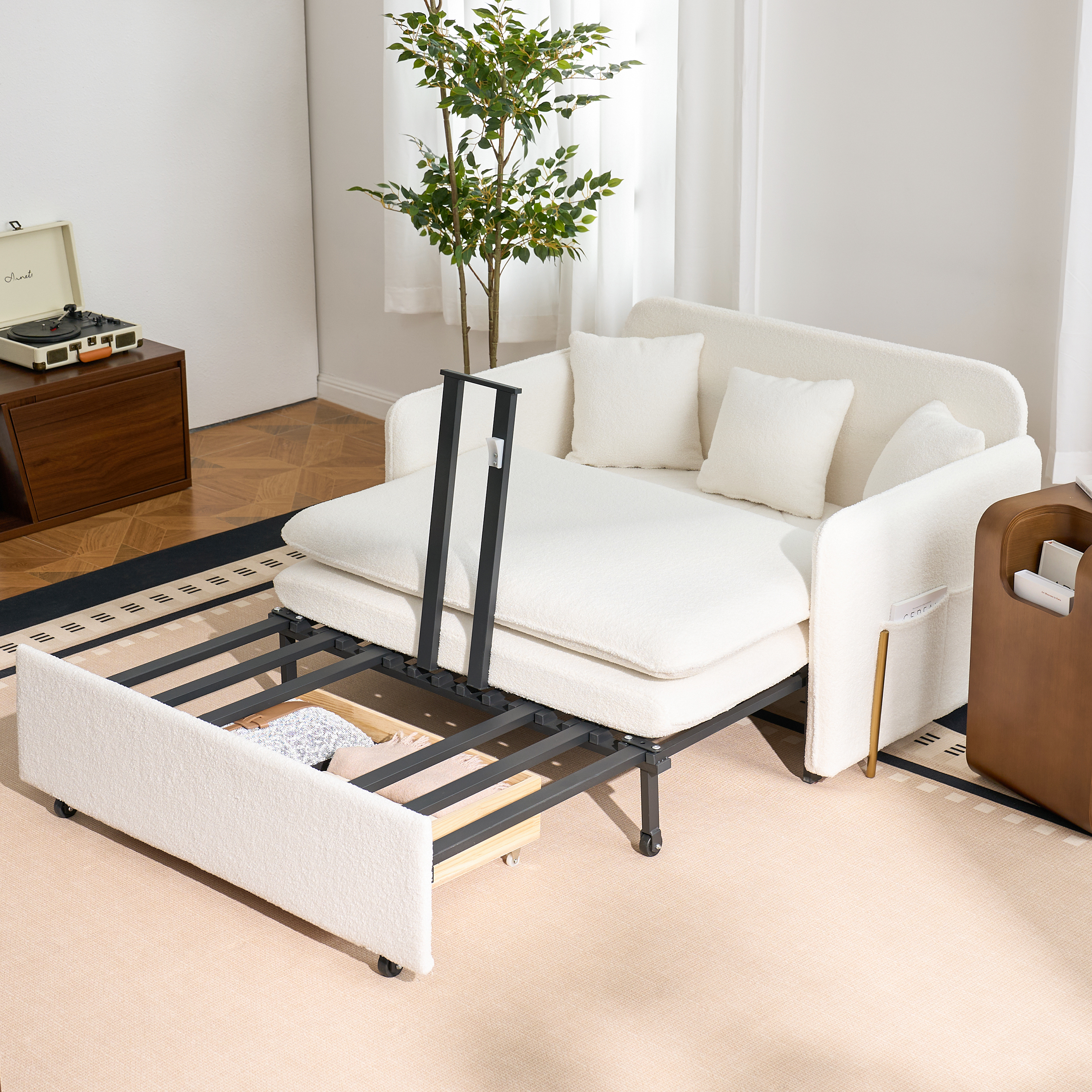 1360mm Full Sleeper Sofa White Boucle Upholstered Convertible Sofa