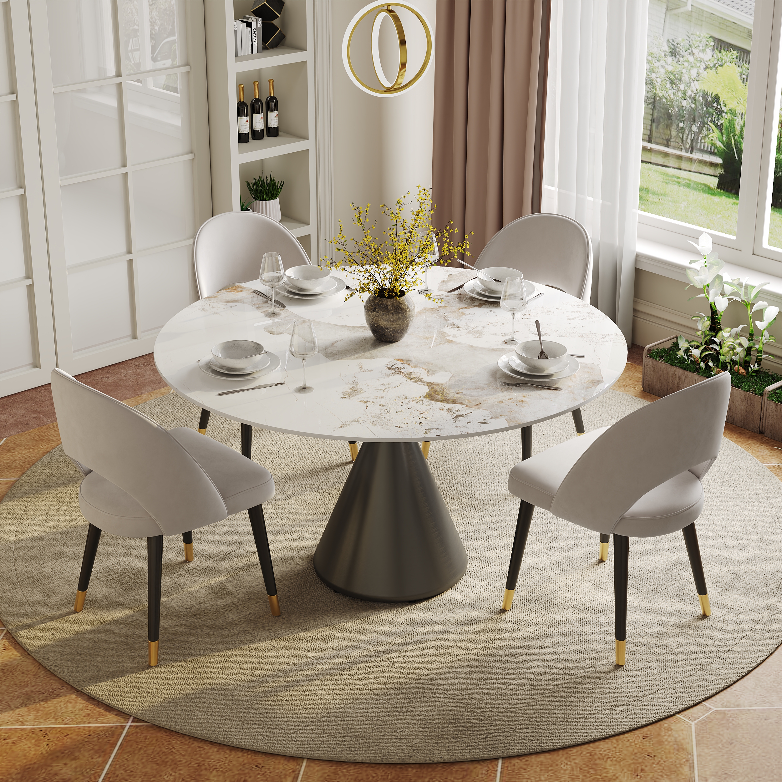 Modern 120 cm Round Glossy Sintered Stone Dining Table with Black Pedestal Base, Seats 4