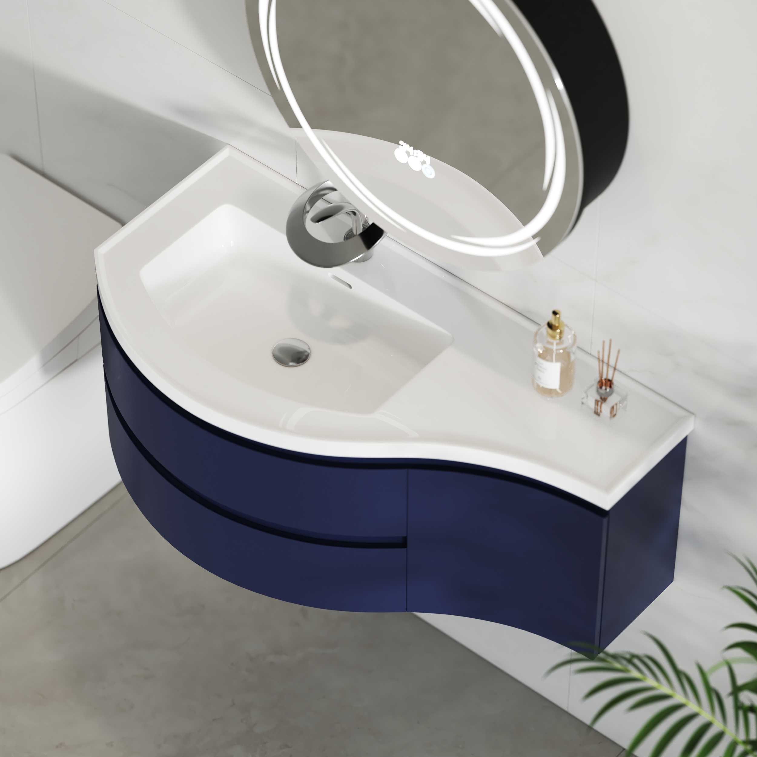 90 cm Navy Floating Single Curved Bathroom Vanity with Sink, Storage, Stone Resin Top