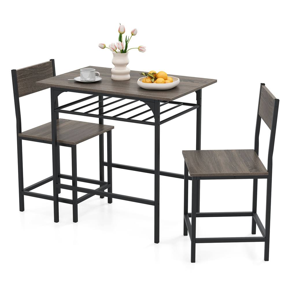 Costway Dining Table Set for 2 3-Piece Wood Rectangular Table & Chair Set w/ Metal Frame in Grey