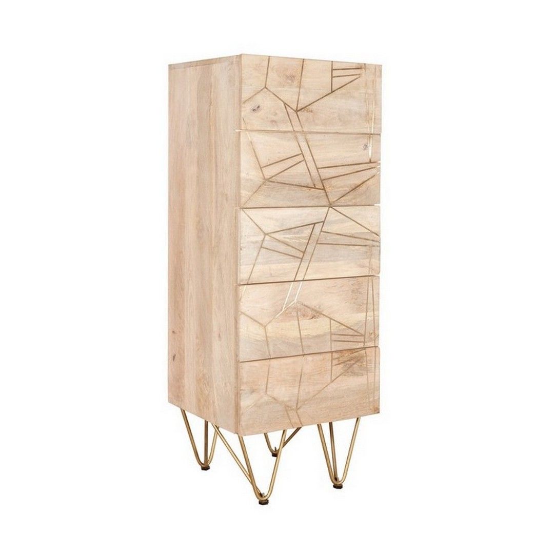 Indian Hub Light Gold Tall Chest of Drawers - Solid Mango Wood - L40 x W45 x H120 cm in Brown