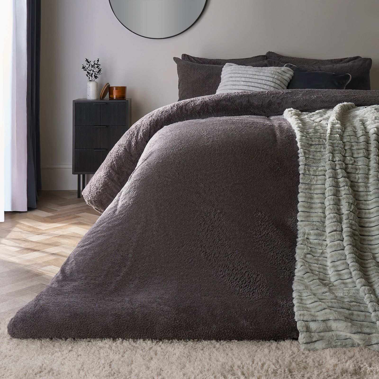 OHS Thermal Soft Teddy Fleece Duvet Cover Bedding Set in Charcoal