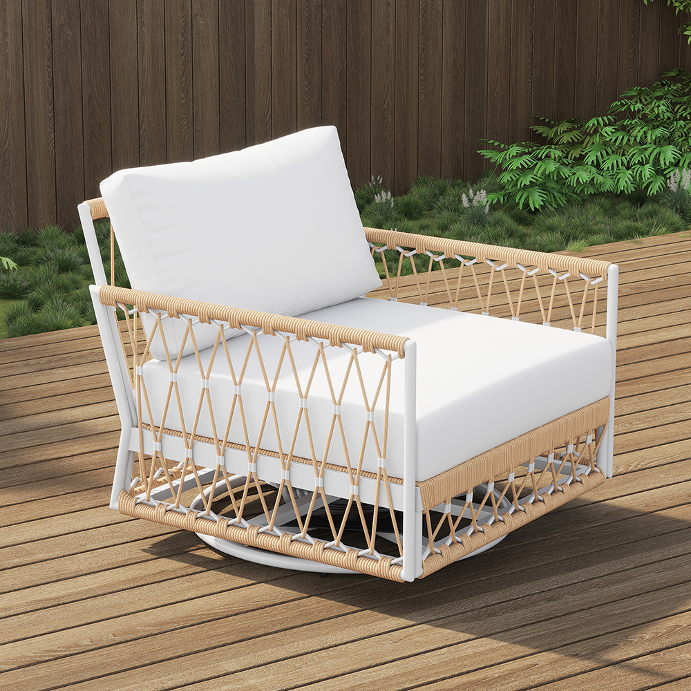 Ropipe Aluminium & Woven Rope Outdoor Swivel Chair 360 Degree Rotatable in Khaki & White