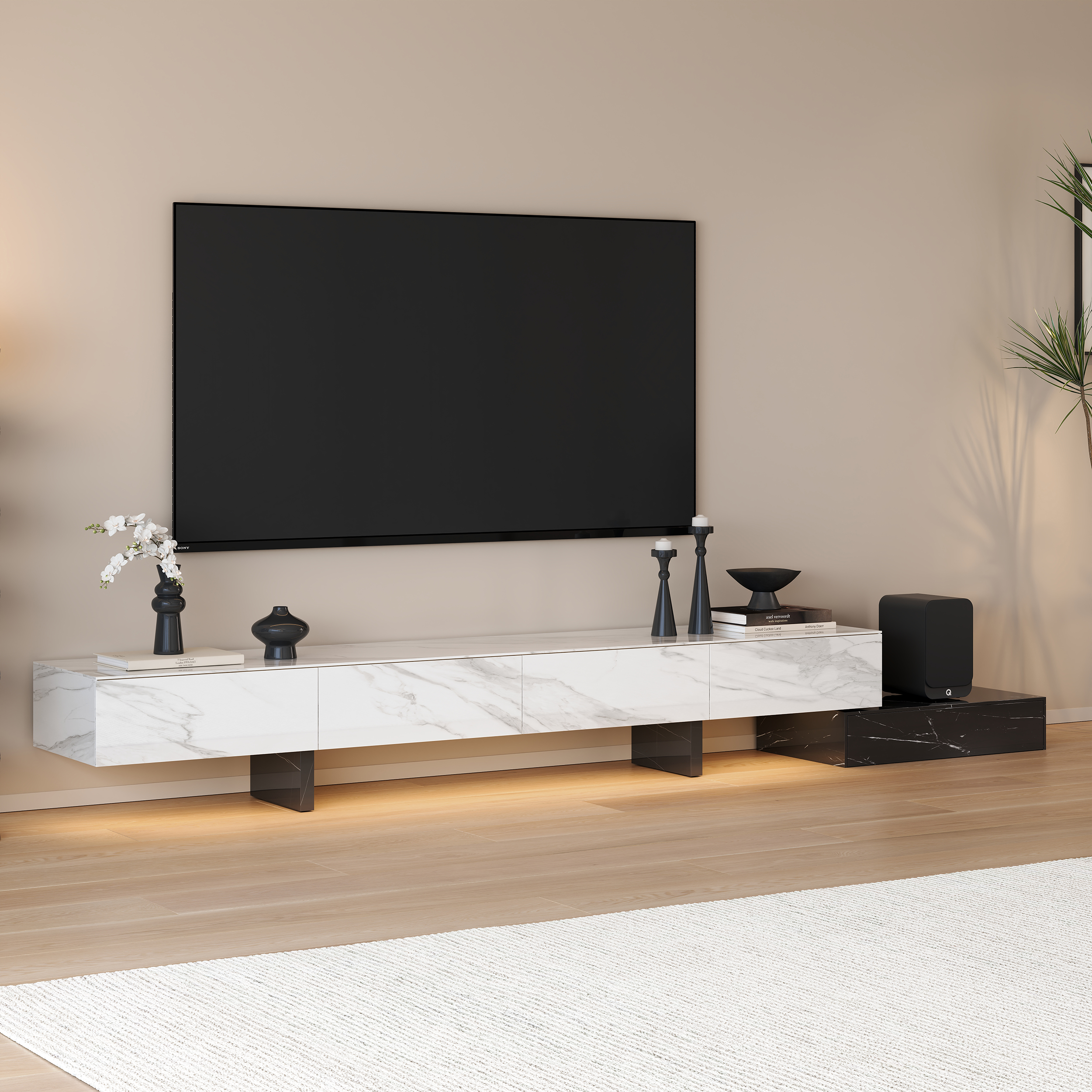 220 - 270 cm Extendable TV Stand with Sintered Stone Top & 5 Drawers