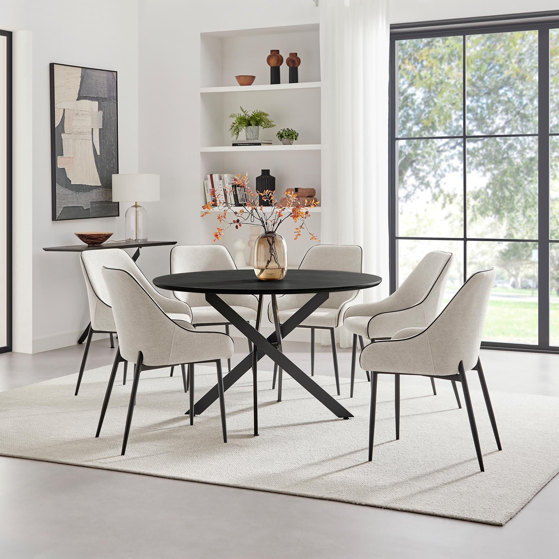 FurnitureboxUK Novara Black Top Dining Table & 6 Beaumont Cream Fabric Chairs
