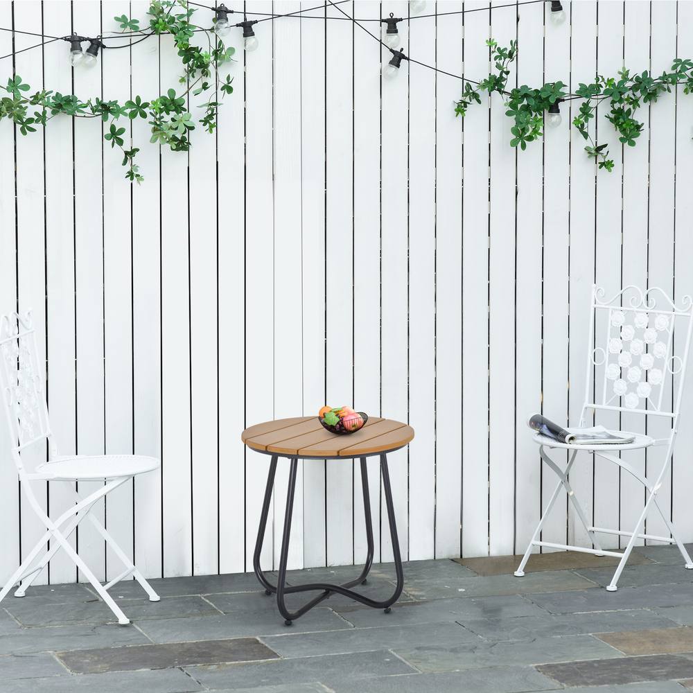 OUTSUNNY Round Outdoor Side Table Adjustable Leg Pads Natural Wood & Black