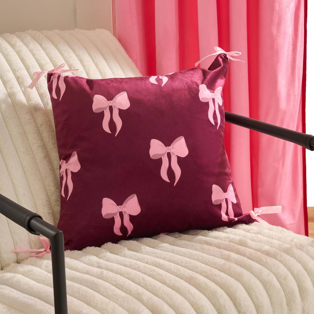 OHS 2 x Bows Matte Velvet Cushion Covers Home Decor in Burgundy