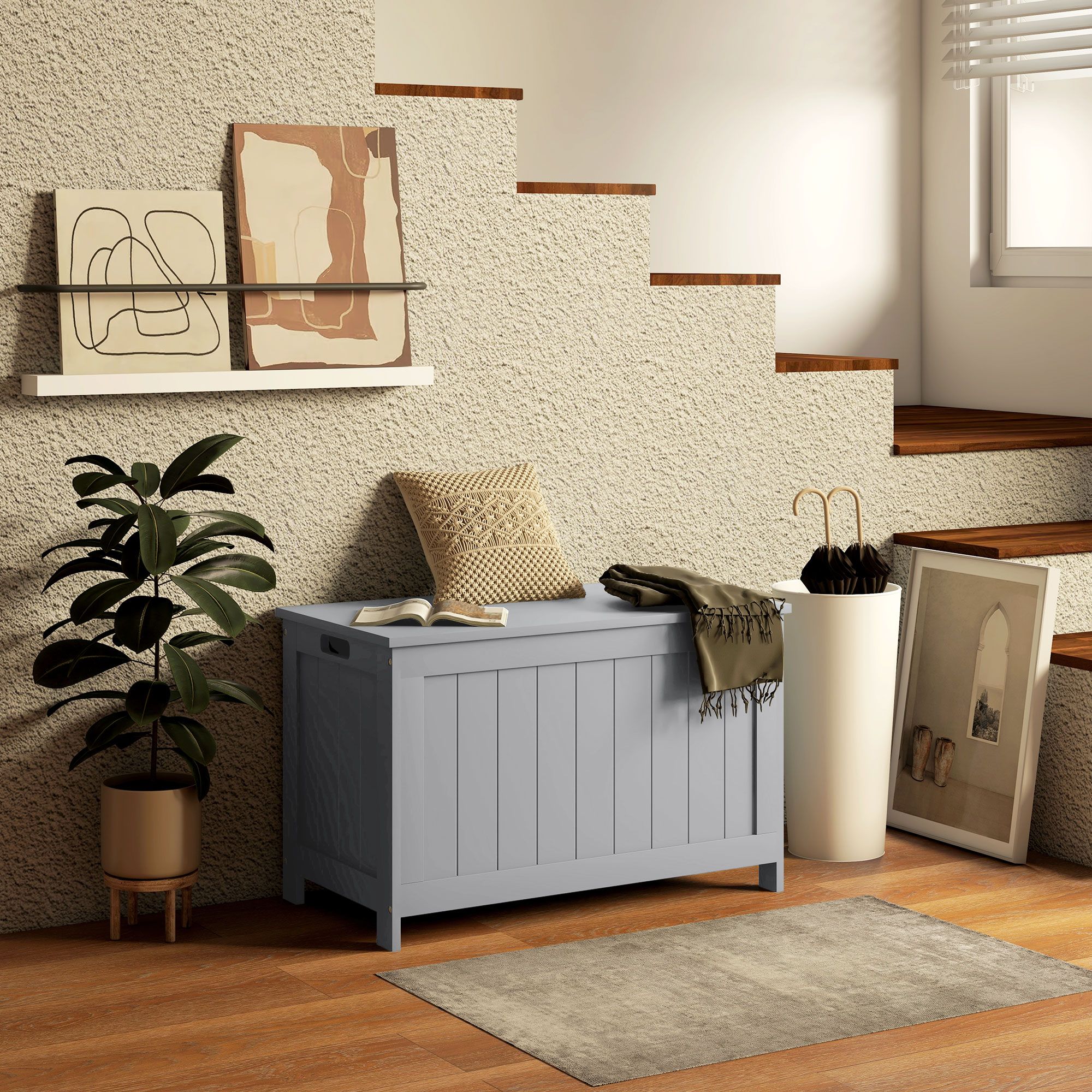 HOMCOM Storage Chest, Modern Storage Trunk with 2 Safety Hinges & Cut-out Handles, Wooden Toy Box for Living Room, Entryway, 76 x 40 x 48 cm in Grey
