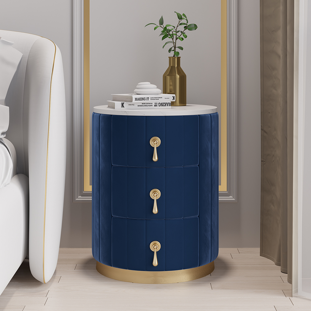 Blue Velvet Bedside Table with Storage Sintered Stone Top Round Bedside Table with 3 Drawers
