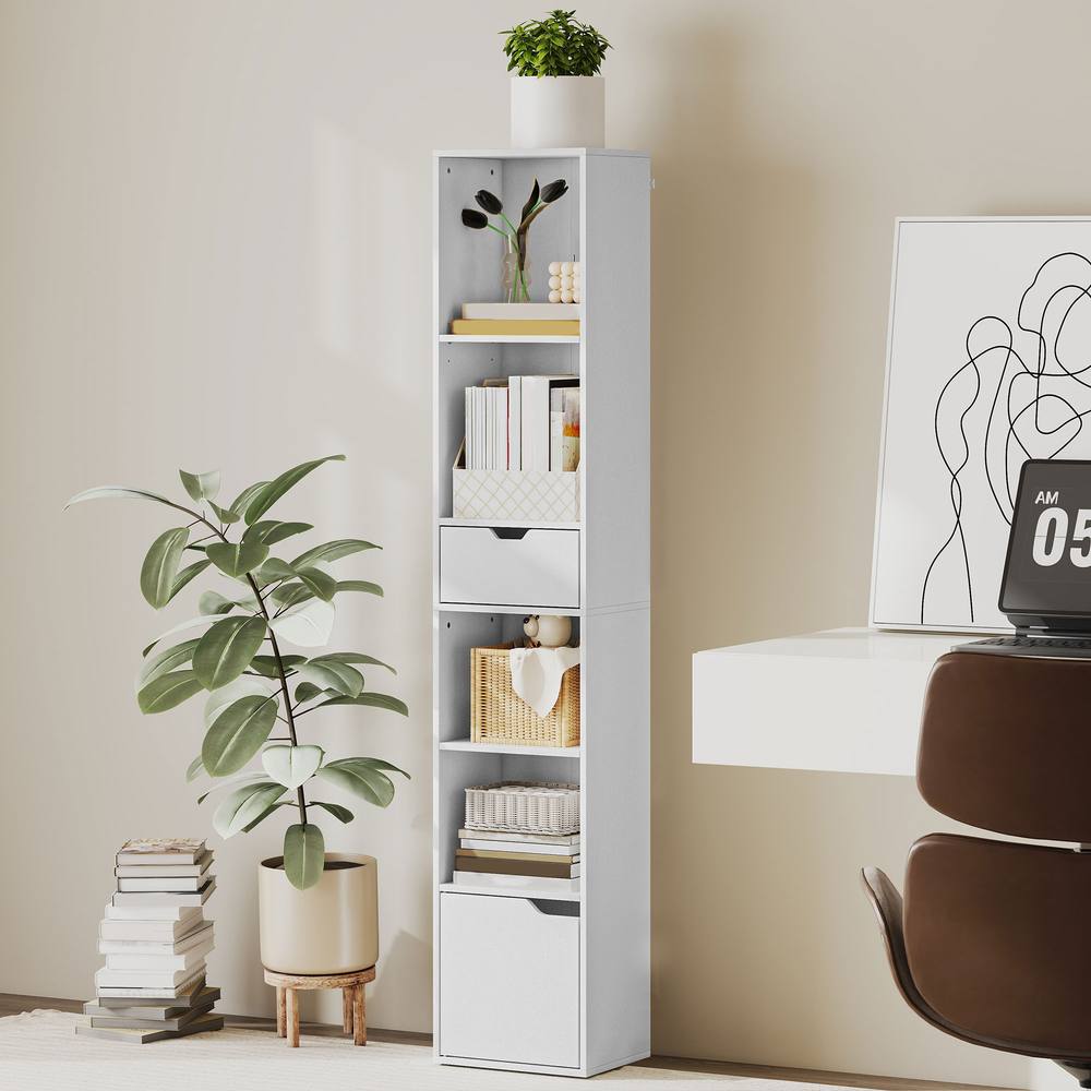 HOMCOM Narrow Bookshelf with Drawer, Tall Bookcase for Living Room in White