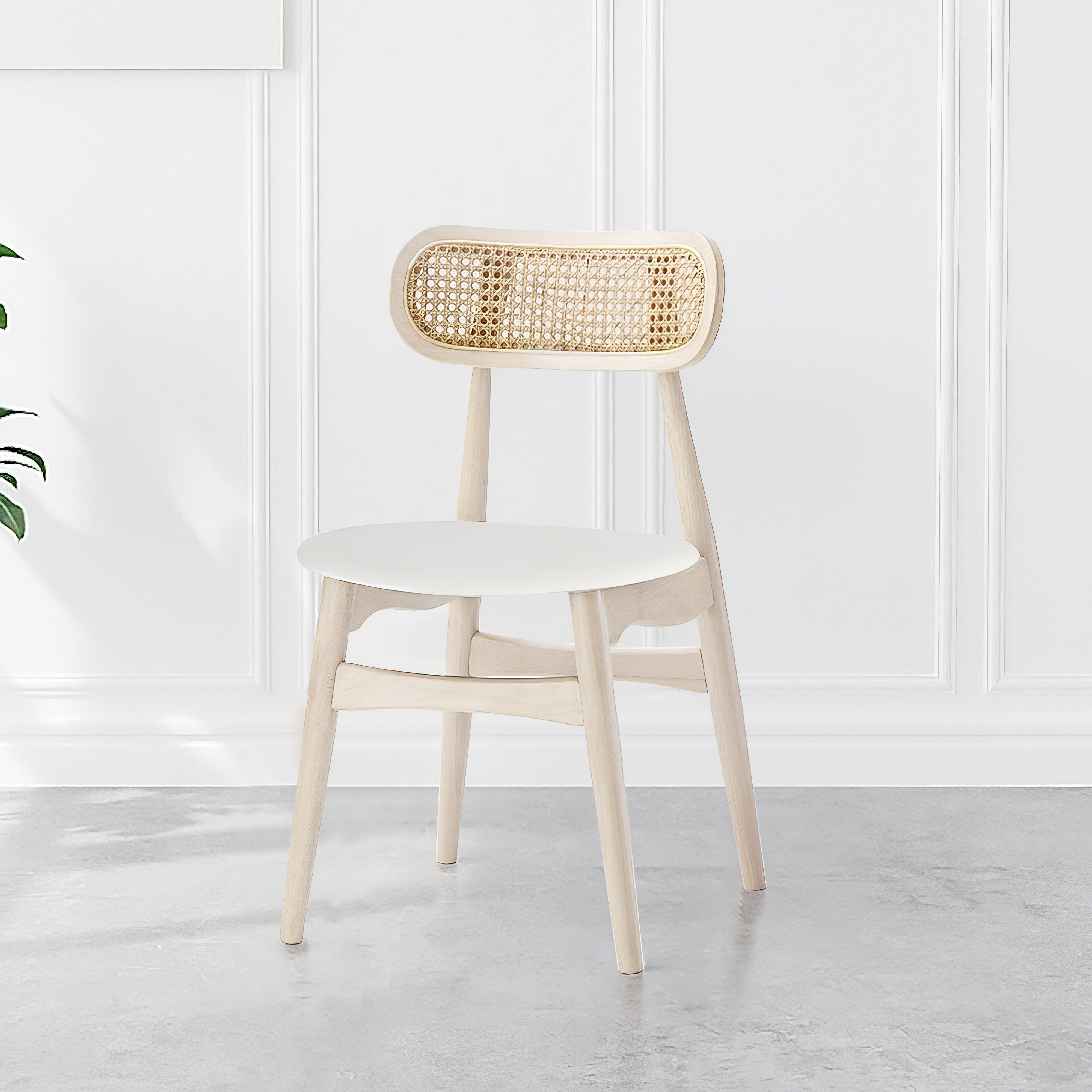 Japandi Bleached Wood Rattan Upholstered Dining Chair Ash Wood Side Chair Faux Leather