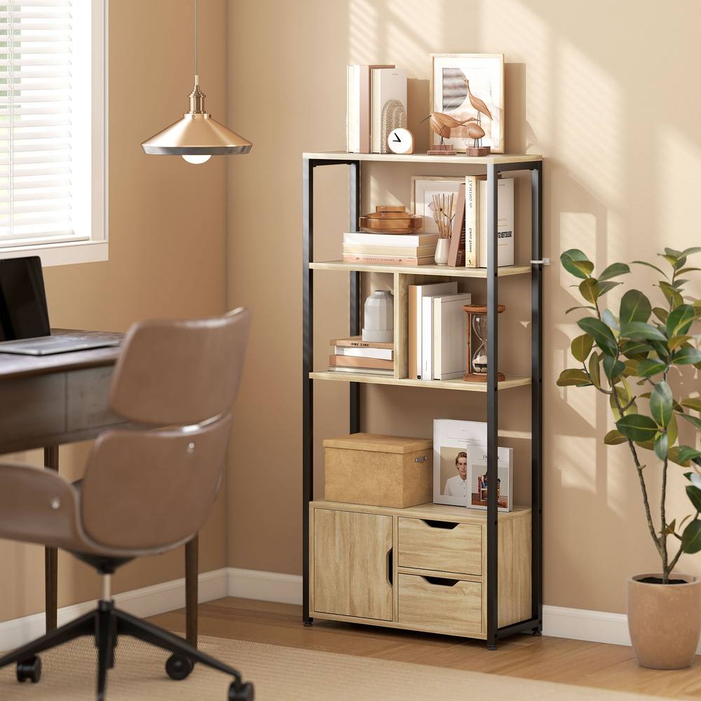 HOMCOM Industrial Bookshelf with 1 Cabinet & 2 Drawers, Natural Wood