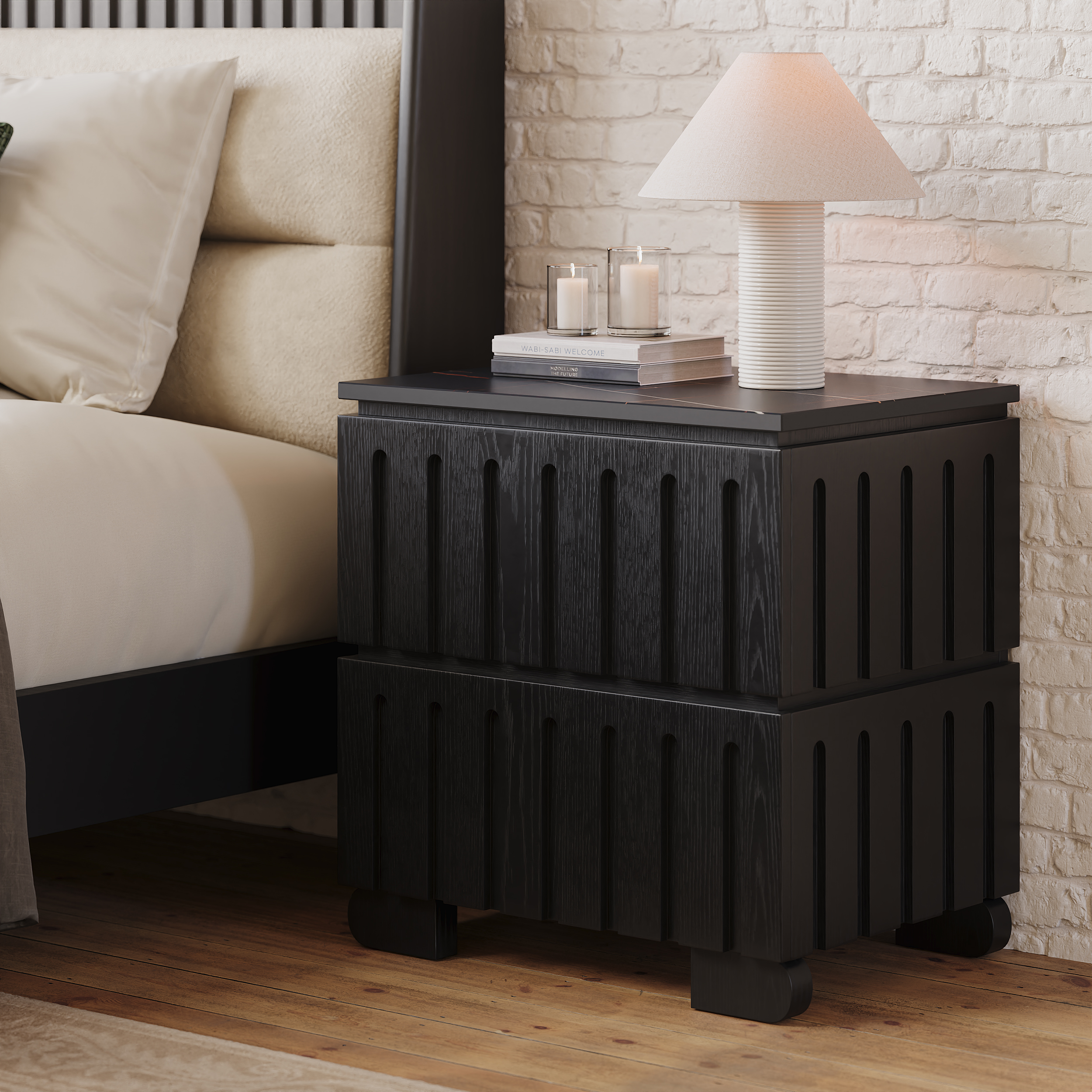 Ash Wood 2-Drawer Bedside Table with Sintered Stone Top