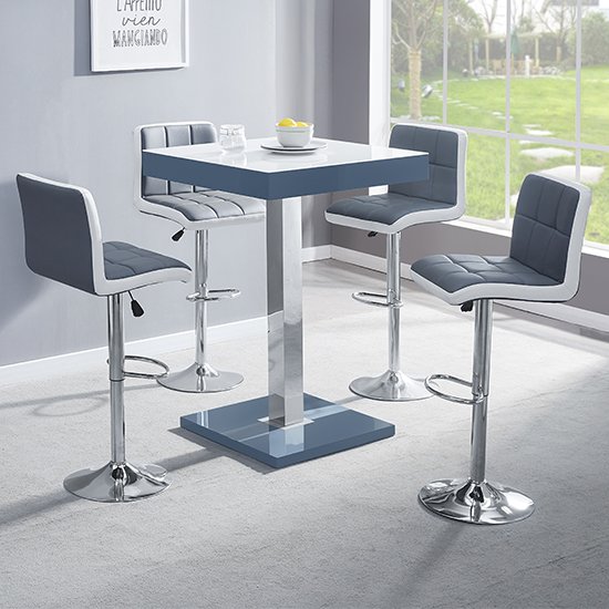 Topaz Grey White Glass Bar Table With 4 Copez Grey White Stools