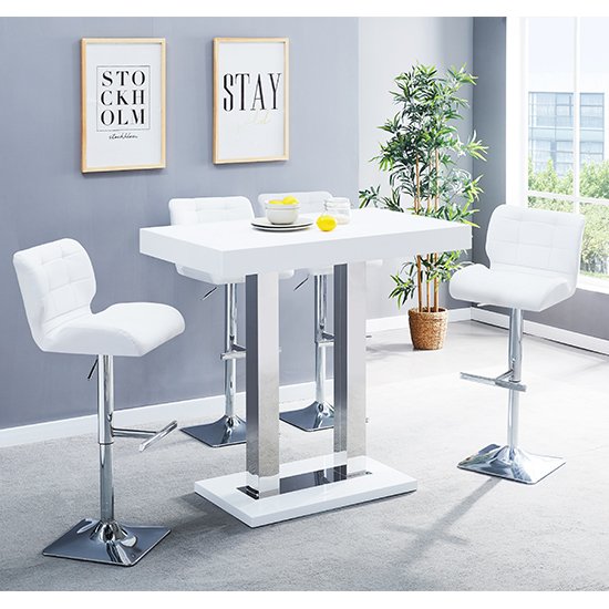 Caprice White Gloss Bar Table With 4 Candid White Bar Stools