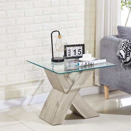 Xanti Glass X Base Lamp Table In Clear With Grey Oak Effect