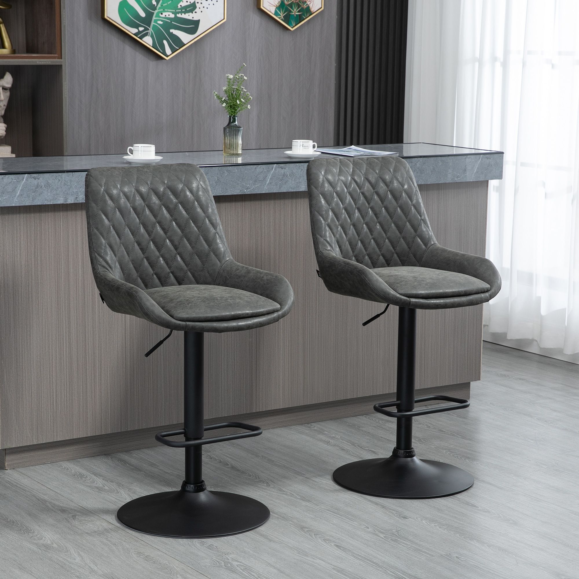 HOMCOM PU Leather Padded Bar Stools Set of 2 with Metal Base in Grey