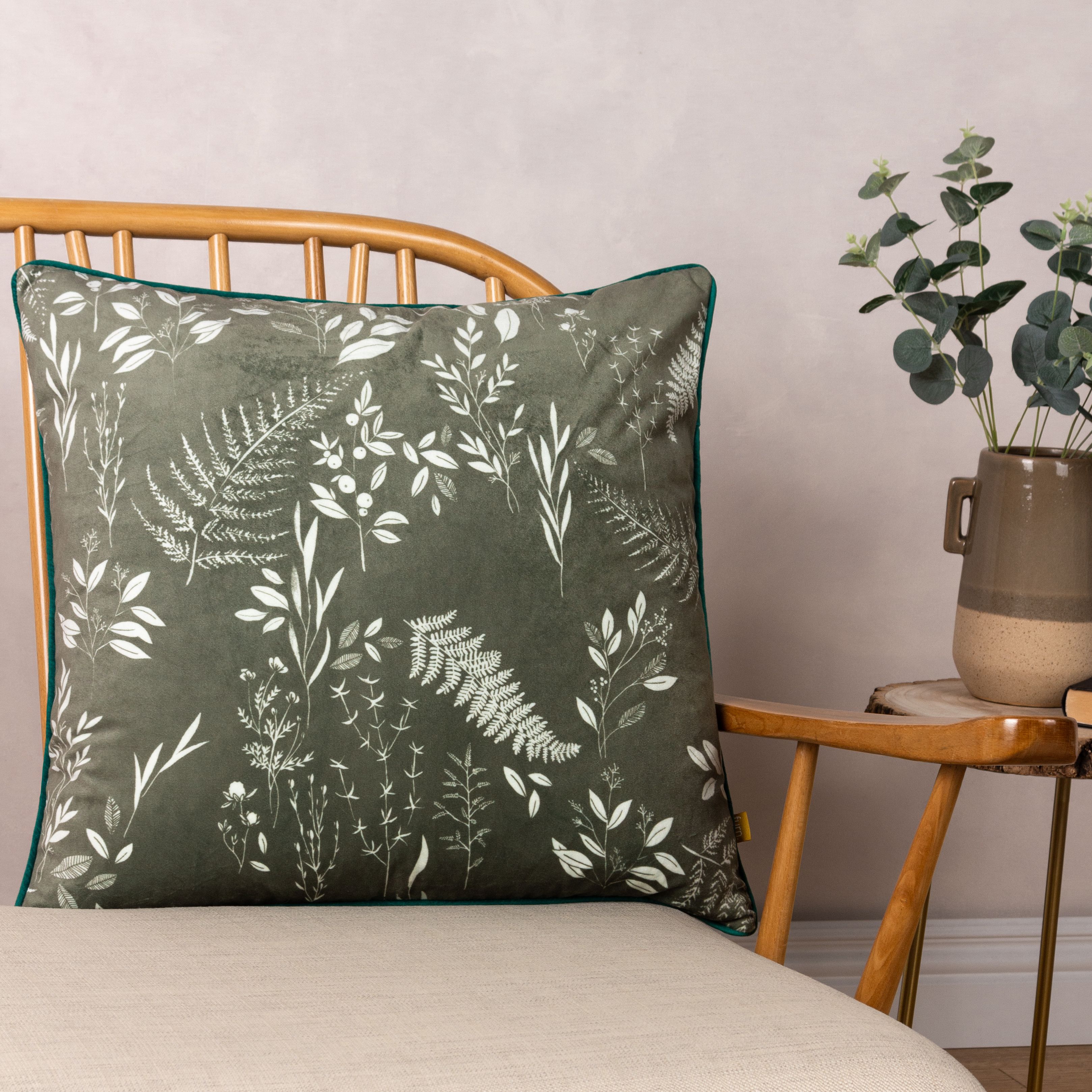Furn Fearne Floral Printed Velvet Reversible Cushion in Green