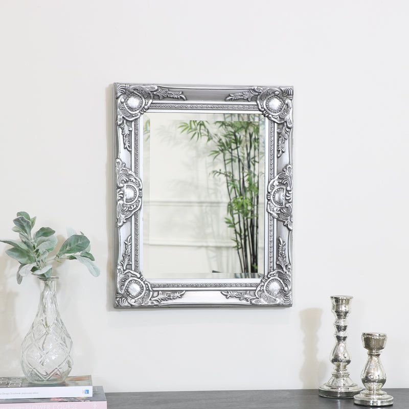 Melody Maison Ornate Silver Wall Mirror With Bevelled Glass 52cm X 42cm in Metallic Silver