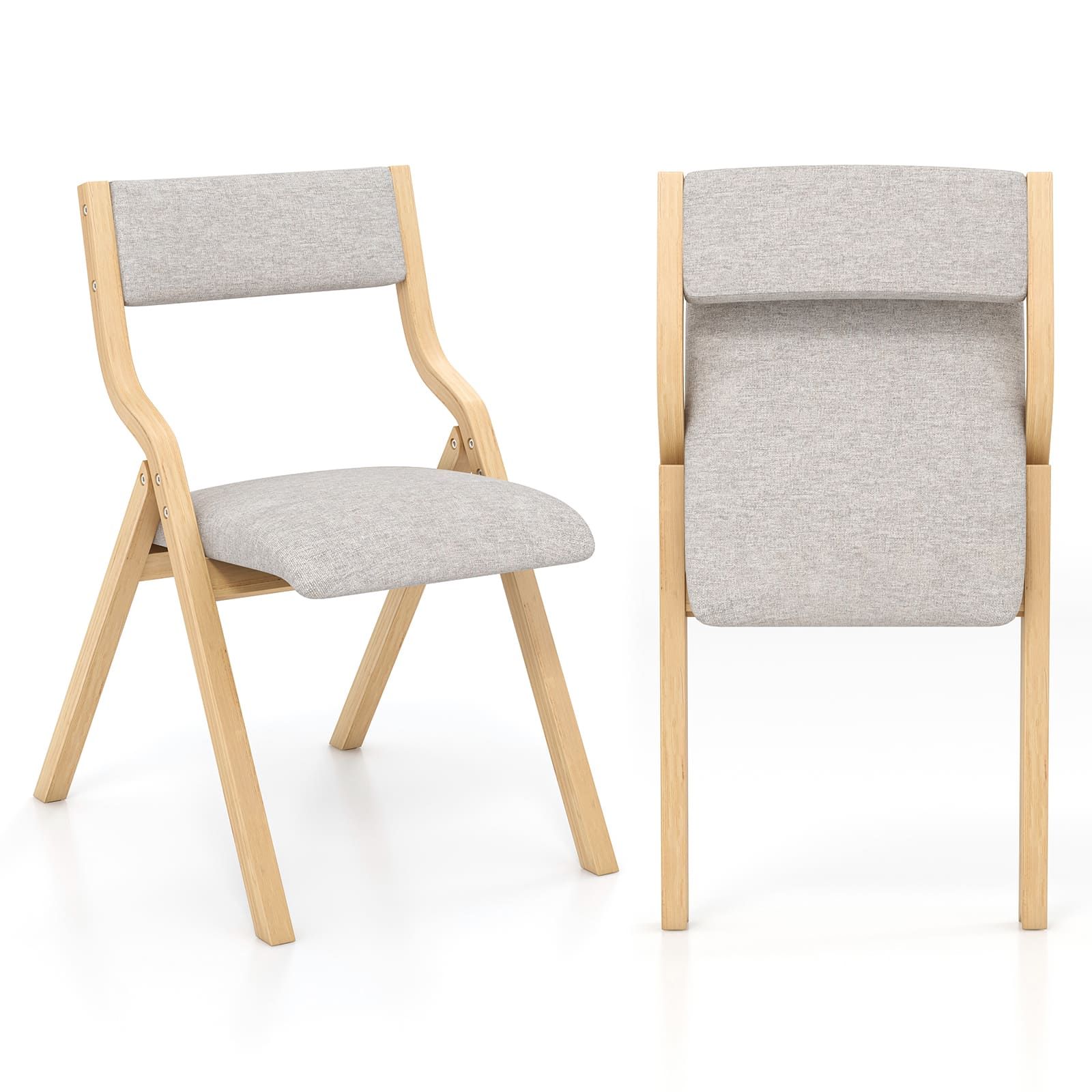 Costway Folding Dining Chair Set of 2 Wooden Upholstered Dining Chairs in Grey