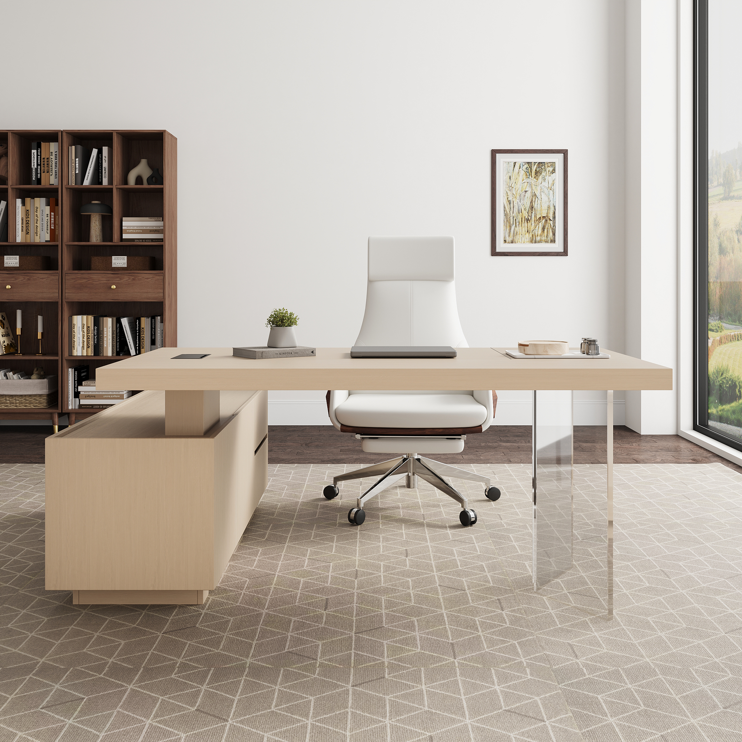 Modern 72" L-Shape Whitewash Standing Executive Desk with Lifter Desktop, Right Hand