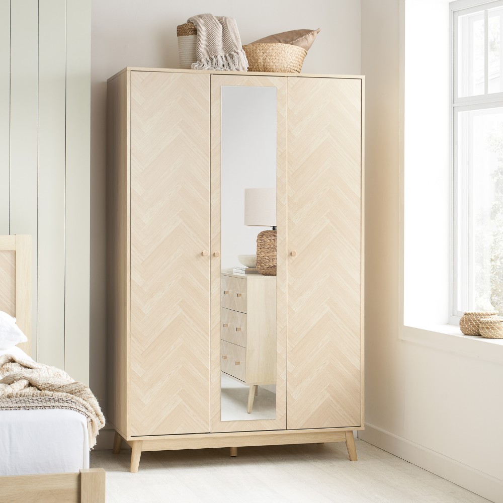Herringford – 3 Door Mirror Wardrobe - Oak – Wooden – Happy Beds