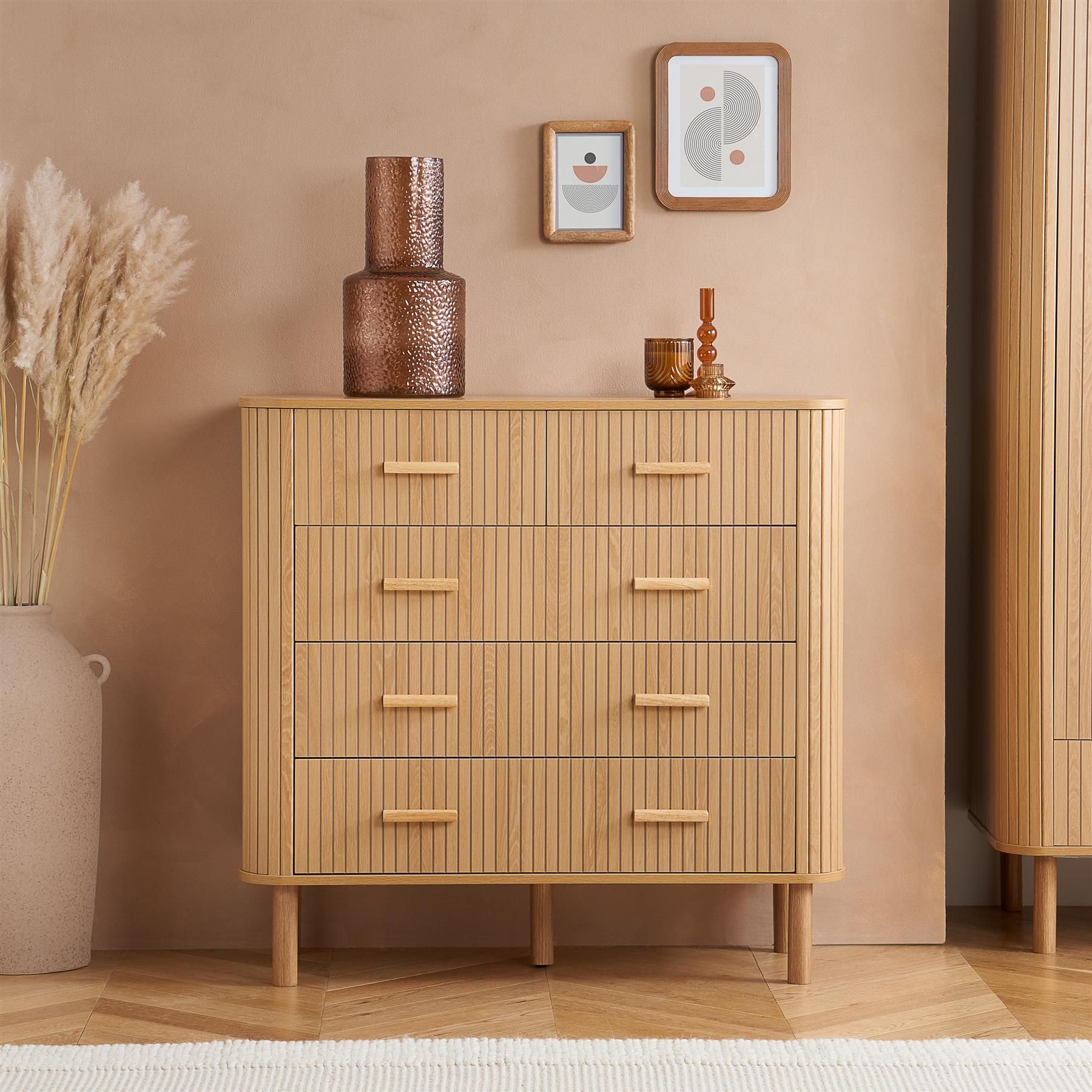 Birlea 5 Oak Brown Drawer Wooden Fluted Chest Axel