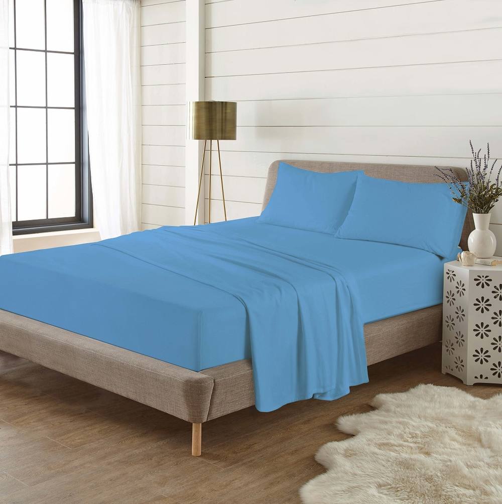 Homes-Linen Plain Thermal Flannelette Flat Sheet 100% Brushed Cotton Bedding in Blue