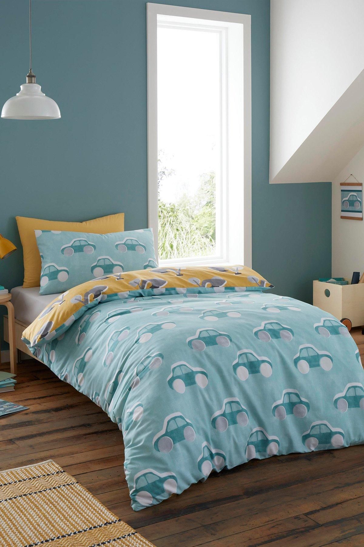 Bedlam 'Cool Cars' 100% Cotton Reversible Duvet Cover Set in Duck Egg Blue