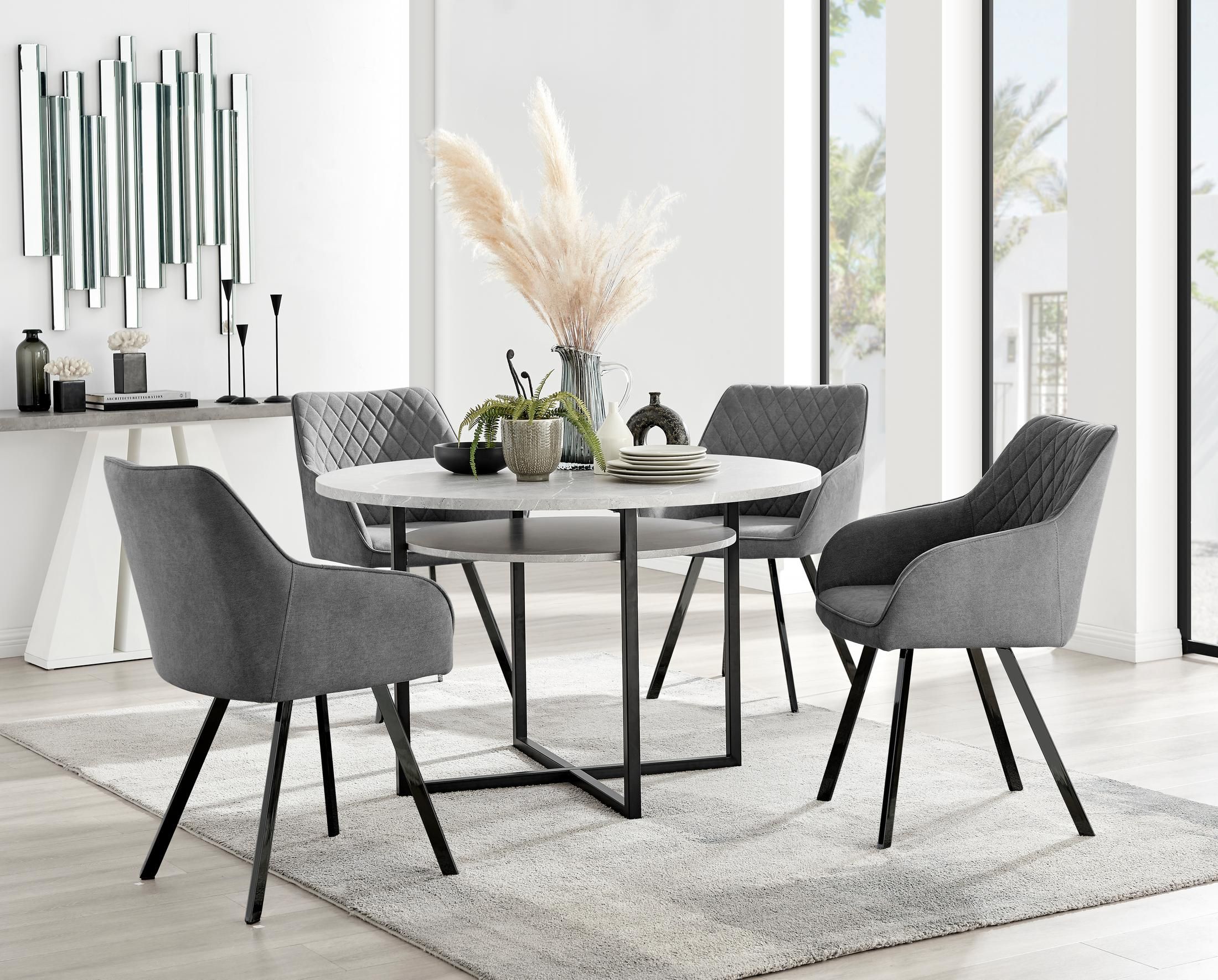 FurnitureboxUK Adley Grey Concrete Effect Round Dining Table & 4 Falun Black Leg Fabric Chairs in Dark Grey