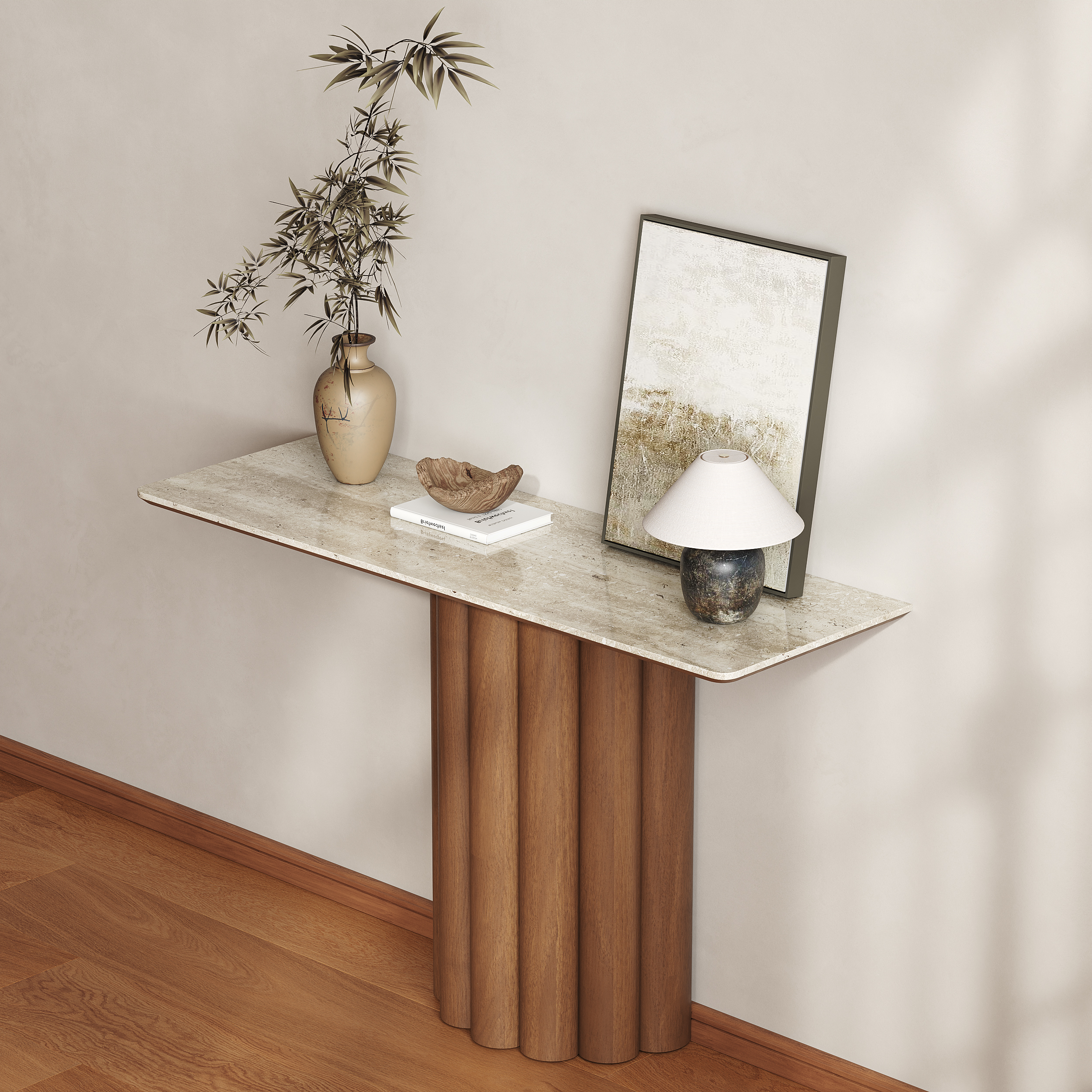 Travertine Top Console Table Solid Wood Entryway Furniture in Walnut & Beige (1200mm Wide)