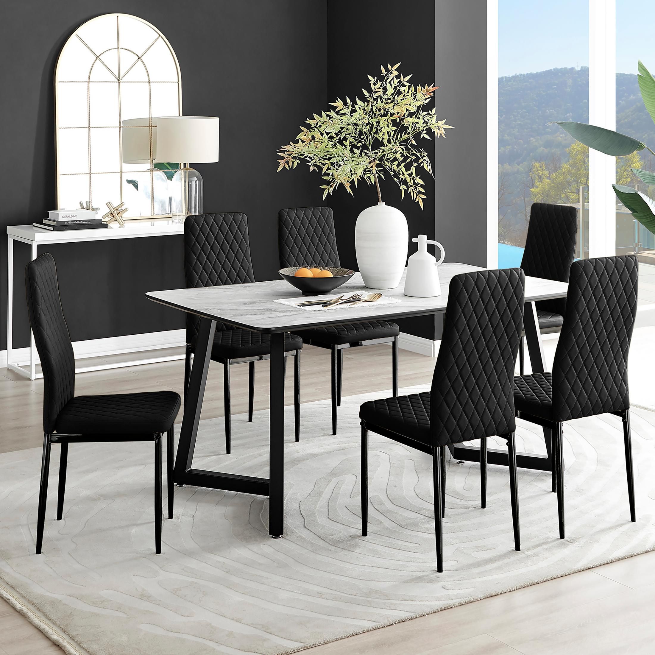 FurnitureboxUK Carson White Marble Effect Dining Table & 6 Velvet Milan Black Leg Chairs