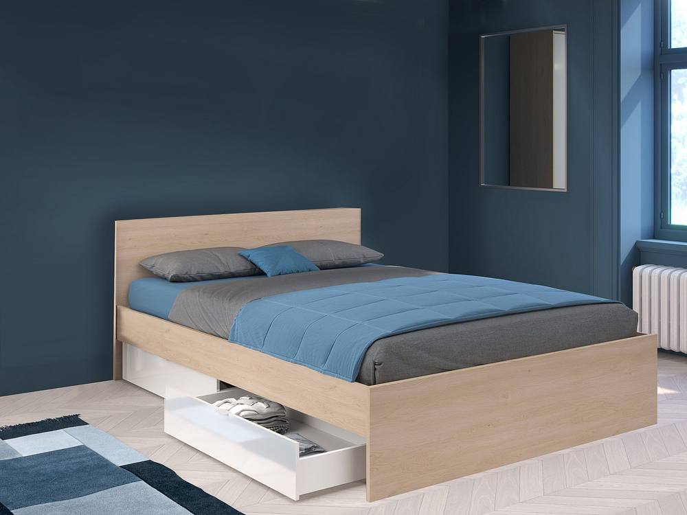 Vente-unique Bed With 2 Drawers 160 X 200 Cm - Colours: Natural & Shiny White + in Light Oak