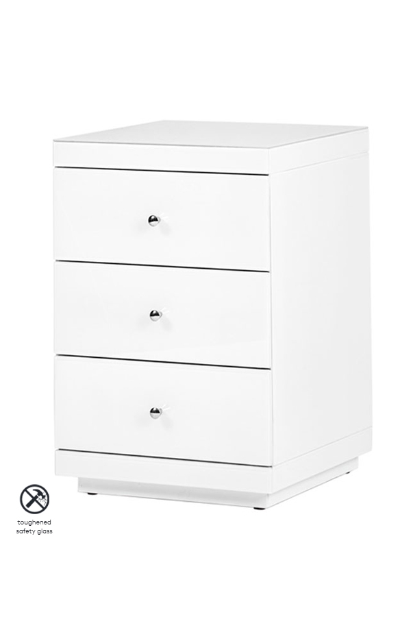 Pair of Pimlico White Glass Bedside Table with 3 Drawers